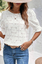 Load image into Gallery viewer, Eliana White Flower Eyelet Jacquard Keyhole Flounce Sleeve Top
