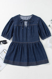 Naomi Sail Blue Puff Sleeve Lace-up Neckline Splicing Denim Blouse