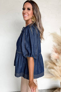 Naomi Sail Blue Puff Sleeve Lace-up Neckline Splicing Denim Blouse