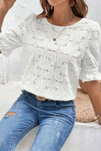 Load image into Gallery viewer, Eliana White Flower Eyelet Jacquard Keyhole Flounce Sleeve Top
