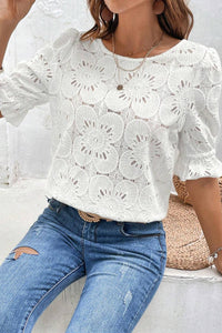 Eliana White Flower Eyelet Jacquard Keyhole Flounce Sleeve Top