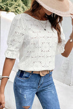 Load image into Gallery viewer, Eliana White Flower Eyelet Jacquard Keyhole Flounce Sleeve Top
