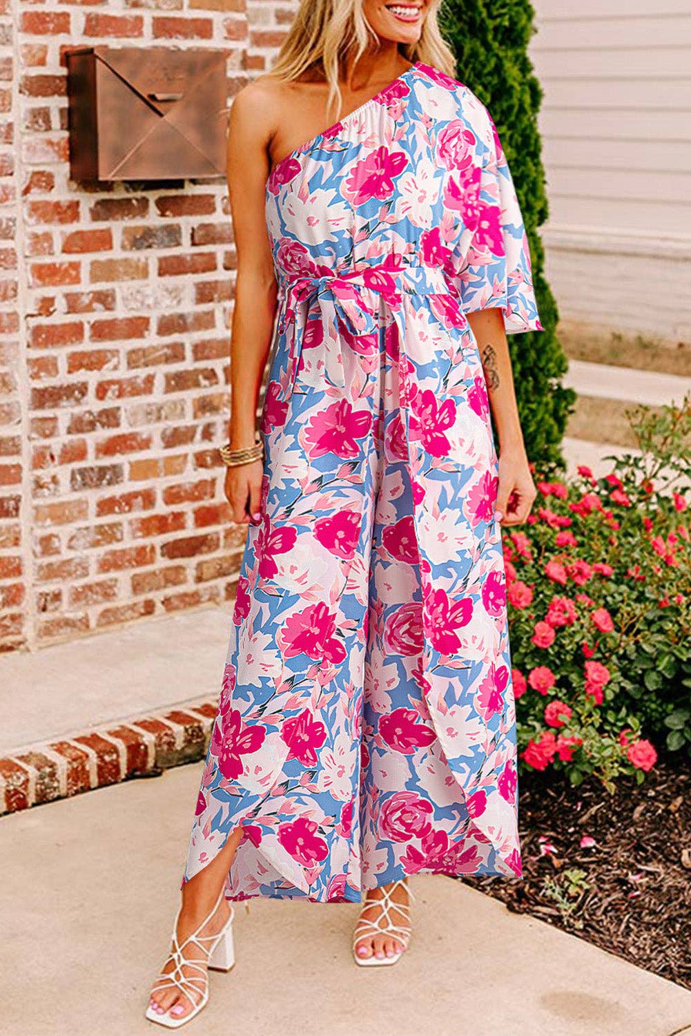 Nora Floral One Shoulder Belted Jumpsuit