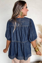 Load image into Gallery viewer, Naomi Sail Blue Puff Sleeve Lace-up Neckline Splicing Denim Blouse
