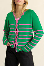 Load image into Gallery viewer, Glinda Green Stripe Ribbon Cute Bow Detail Sweater Knit Cardigan
