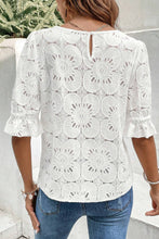 Load image into Gallery viewer, Eliana White Flower Eyelet Jacquard Keyhole Flounce Sleeve Top
