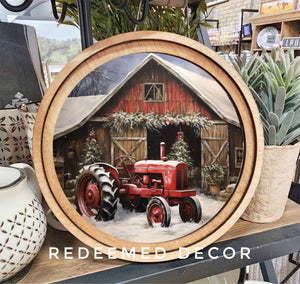 8" Round Christmas Tractor Art