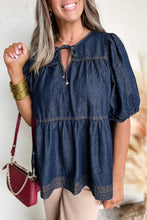 Load image into Gallery viewer, Naomi Sail Blue Puff Sleeve Lace-up Neckline Splicing Denim Blouse
