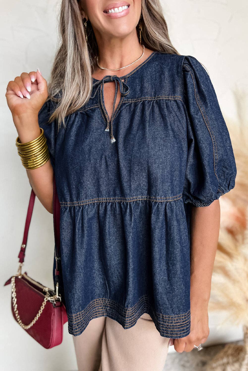 Naomi Sail Blue Puff Sleeve Lace-up Neckline Splicing Denim Blouse