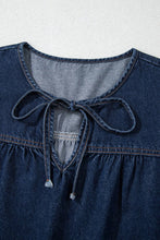 Load image into Gallery viewer, Naomi Sail Blue Puff Sleeve Lace-up Neckline Splicing Denim Blouse
