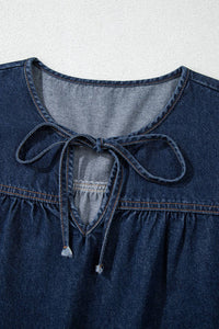 Naomi Sail Blue Puff Sleeve Lace-up Neckline Splicing Denim Blouse